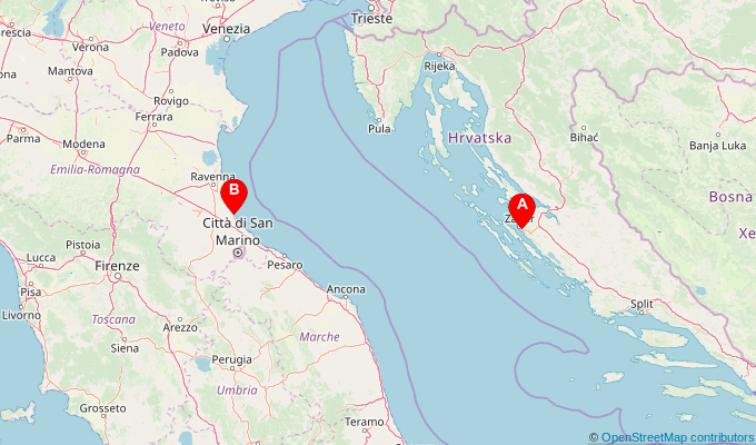Map of ferry route between Zadar and Cesenatico
